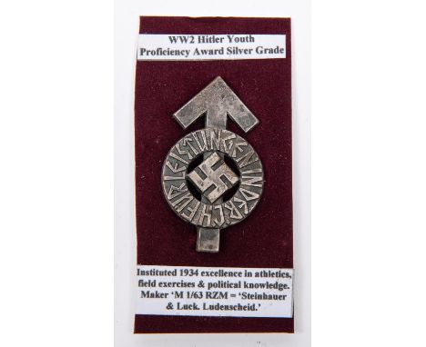 A Third Reich Hitler Youth Proficiency award, silver grade, with maker's mark "M1/63" and RZM mark (Steinhauer &amp; Luck, Lu