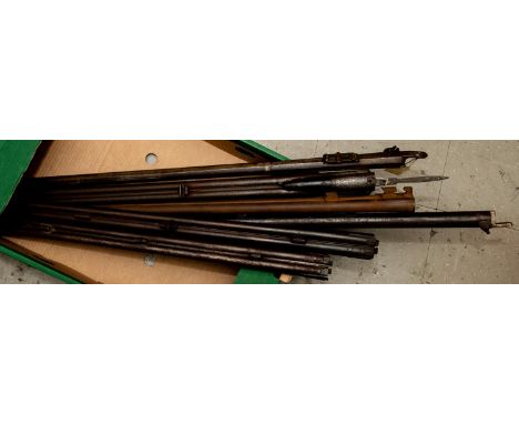 Six detached gun barrels: 39" 10 bore from an 1839 pattern percussion musket; 31" from a 14 bore percussion rifle with ladder