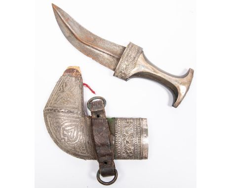 An Arab jambiya, blade 6½", with silver mounted horn hilt, in its sheath, the upper part encased in embossed silver, the lowe