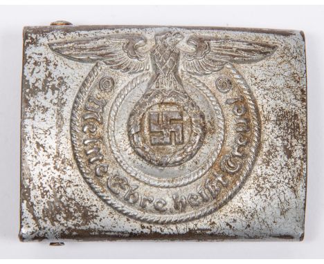 A Third Reich SS man's silver painted steel buckle, the reverse stamped with RZM mark and "155/40" and SS runes in circle. GC