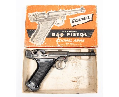 A scarce .22" American Schimel GP22 Luger style CO2 pistol, number G5583, with die cast alloy body and ribbed black plastic g
