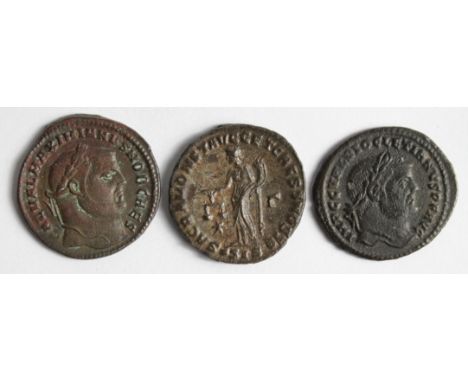Diocletian follis, reverse:- Genius, Heraclea Mint? A.D.294? [correct obverse reading], GF with a ditto but of Maxmian, First