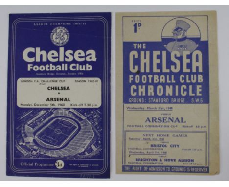 Chelsea v Arsenal 2x programmes, played at Chelsea for Final London FA Challenge Cup 5/12/60, plus Chelsea Res v Arsenal 31/3