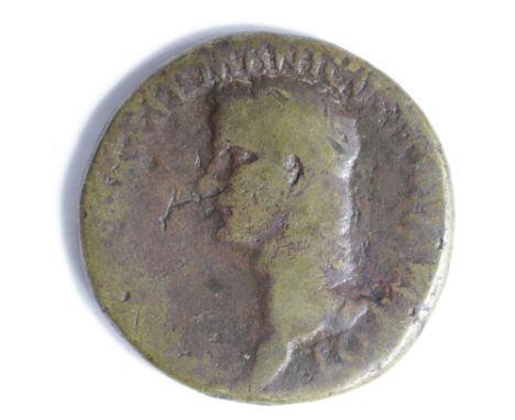Caligula brass sestertius, Rome Mint 39-40 A.D., reverse Caligula standing on platform at left, addressing five soldiers, Sea