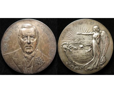 British Commemorative Medallion, silver d.50mm: Joseph Chamberlain, Visit to South Africa 1903, by J. Fray, Eimer no. 1876, t