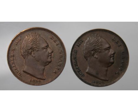 Farthings (2) 1834 incuse line nEF light scratches, and 1834 raised line nEF