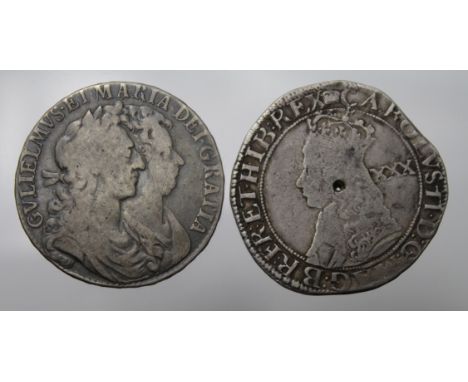 Halfcrowns (2) Charles II hammered 3rd Issue S.3321 Fine with a hole in the centre, and 1689 first reverse, caul and interior