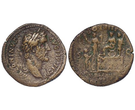 Antoninus Pius sestertius, Rome Mint 145 A.D., reverse:- Antoninus Pius seated on a platform, left, soldiers around, citizen 