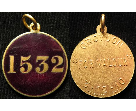 Suffragette related (possibly), purple enamel & brass medal. Has "1532" on the front. Back reads "Croydon for Valour 3.12.10"