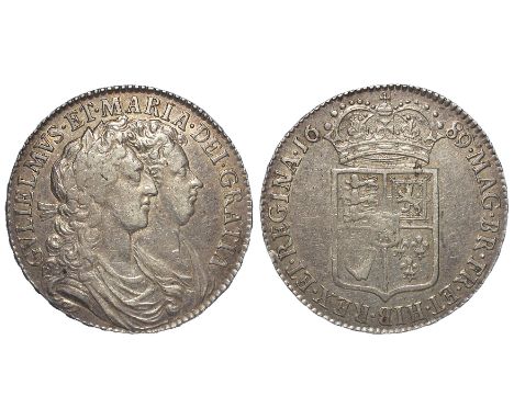 Halfcrown 1689 Primo, first reverse, caul and interior frosted, with pearls, VF, slightly weak on shield.