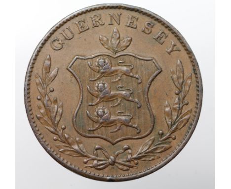 Guernsey copper 8 Doubles 1834 brown EF, light edge knock.