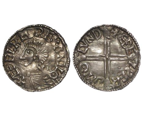 Aethelred II silver penny, Long Cross Issue, obverse reads:- +AEDELRAED REX ANGLO [both 'AE's and 'NG' ligulate, 'O' with cen