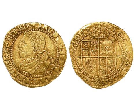 James I gold quarter-laurel, Third Coinage 1619-1625, Fourth Head, beaded inner circles no mm. after 'REGINA', 'A' of 'ROSA' 
