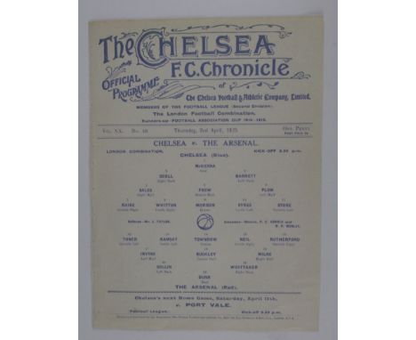 Chelsea v The Arsenal 2/4/1925 London Combination, Reserve single sheet