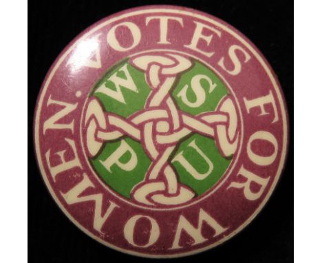 Suffragette tin badge (W.S.P.U. - Women’s Social & Political Union) "Votes for Women" - good condition. Paper in the back of 