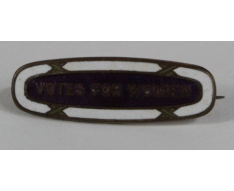 Suffragette, brass &amp; enamel brooch - reads on the front "Votes for Women"