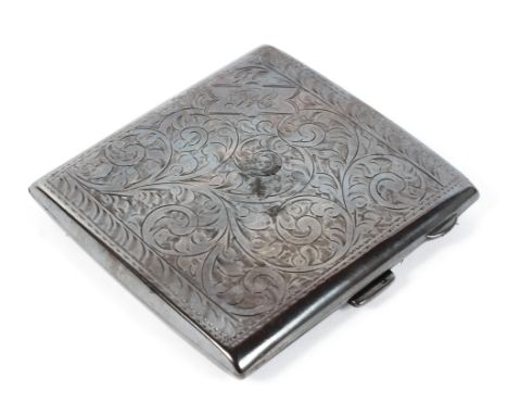 A George V silver cigarette case of square form, having engraved acanthus leaf decoration throughout, gilt interior, hallmark