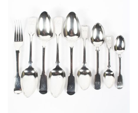 A collection of 19th century silver flatware, to include four tablespoons hallmarked London 1838, probably by James Wintle, t