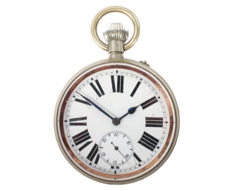 A silver plated Goliath pocket watch, the enamel dial with Roman numerals denoting hours, with seconds subsidiary at the half