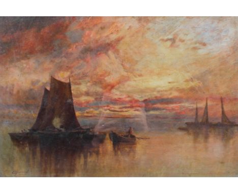 E D Percival, (act. 1891-1905), fishermen and sunrise, oil on panel, signed lower left, framed, 58.5 cm x 39 cm 