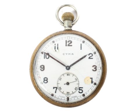 An early 20th century Cyma military pocket watch, the enamel dial with Arabic numerals denoting hours and seconds subsidiary 