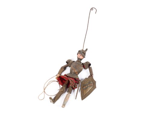 A Wooden &amp; metal figure of a knight, puppet on a string 18cm length