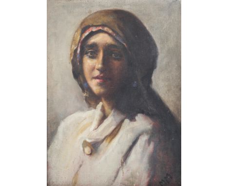 A early 20th century oil on canvas portrait depicting a girl, signed mm slight damage to canvas, framed, 50cm x 36cm