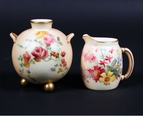 A Royal Worcester blush ivory ground two-handled globular vase and a jug, late 19th century, printed puce and green marks, ea