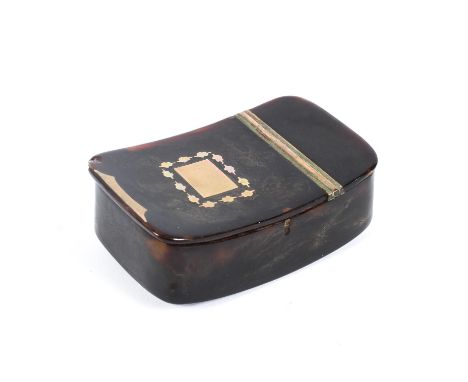 A George III tortoiseshell and yellow metal pique snuff box, of shaped rectangular form, the hinged cover inlaid with rectang