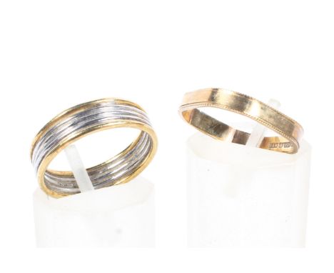 An 18ct bicoloured gold band together with a 9ct gold band of squared form, the 18ct example size N, 3.7g, the 9ct example si