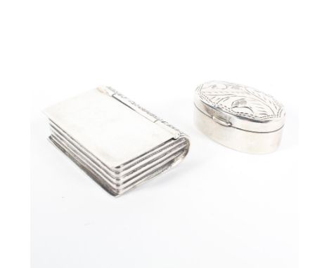 Contemporary silver snuff box and pill pot, the snuff box being in the form of a book, stamped 925, combined weight 25g