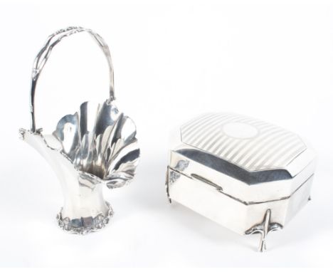 An Edwardian silver basket vase and a George V silver trinket box, the basket vase of trumpet form with foliate decoration to