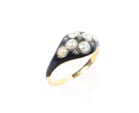 A 19th century black enamel diamond and pearl memorial ring, set with five uncut diamonds and split pearl surround to half bl