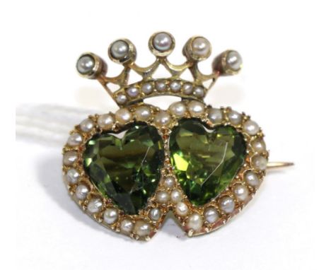 A green paste and seed pearl double heart brooch, stamped '9CT'Gross weight 4.2 grams. 