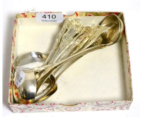 A group of Scottish silver flatware comprising a pair of toddy ladles, un-traced script mark 'Clark', Edinbugh, 1815; a set o