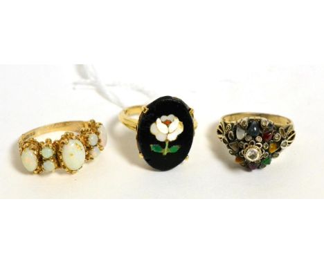 A 9ct gold opal ring, a gem set ring stamped '14K' and a 9ct gold pietra dura ring (3)12.4g gross. Finger size L1/2, M1/2 and