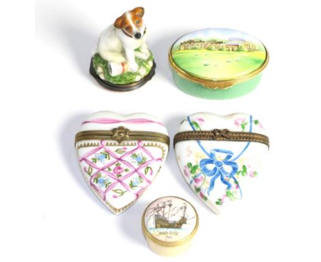 Two Halcyon days enamel trinket boxes one in the form of a jack russell, two limoges harp form trinket boxes and a Chelsea en