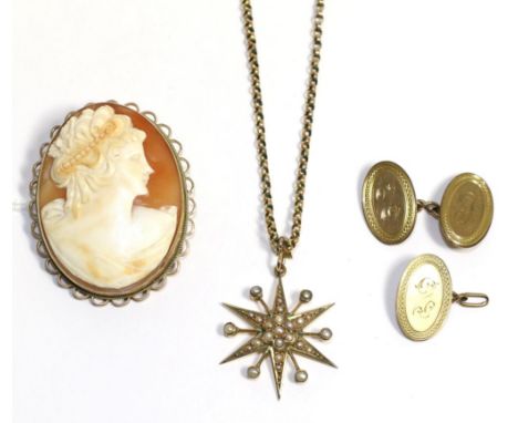 A seed pearl set star pendant stamped '9CT' on a yellow metal chain, together with a 9ct gold mounted shell cameo and 9ct gol