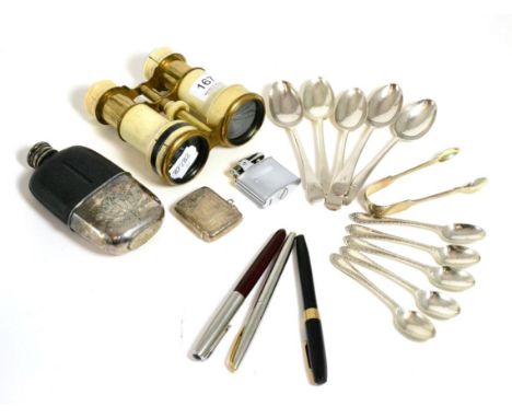 Ten silver teaspoons, a pair of silver sugar nips, a pair of ivory binoculars, a silver vesta, a Dunhill lighter, a Sheaffer 