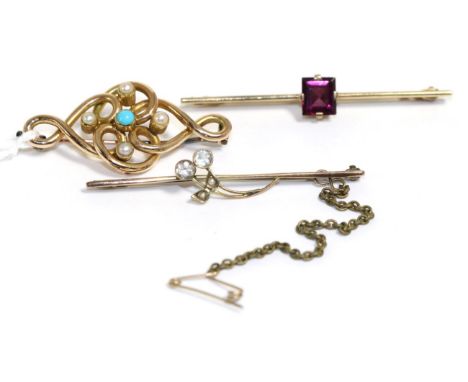 A turquoise and seed pearl set bar brooch stamped '15C' together with two 9ct gold bar broochesTurquoise and seed pearl brooc