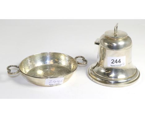 A silver bell shaped inkwell, Birmingham, 1922 and a Continental white metal twin handled bowl, stamped '916' and set with co