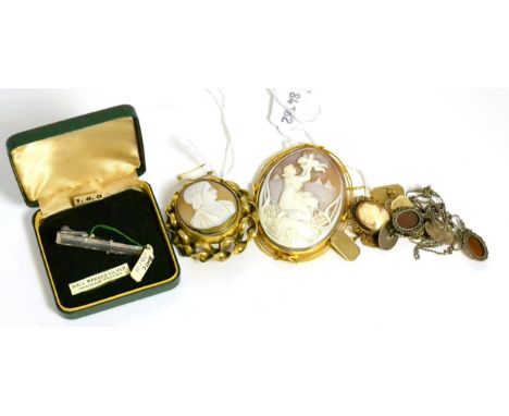 A cameo brooch, mother and child another with heavy frame and smaller cameo (a.f.), a pair of 9ct gold double oval cufflinks,