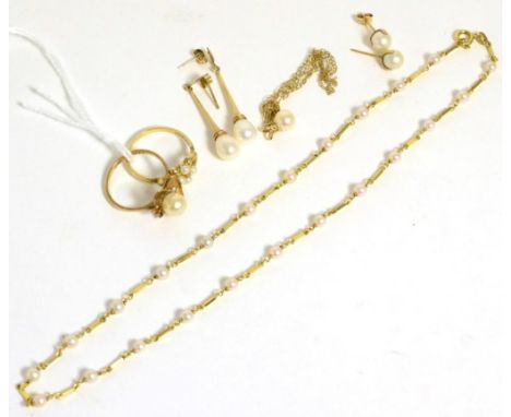 Cultured pearl jewellery including two 9ct gold rings, two pairs of earrings and two 9ct gold necklaces 17g gross 