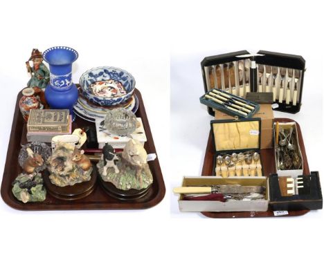 A quantity of decorative ceramics, glass playing cards, a quantity of plated flatware and coins (two trays)  