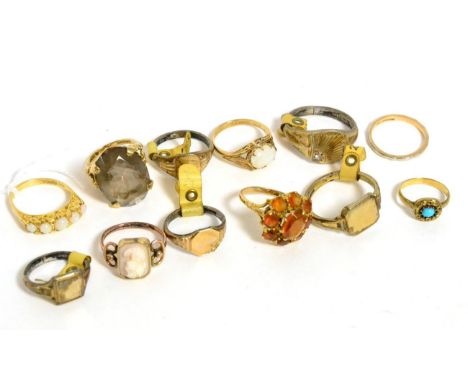 An 18ct gold ring, a 9ct gold citrine cluster ring, a 9ct gold smokey quartz ring, a 9ct gold opal ring, a cameo ring, a turq