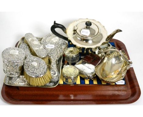 A late Victorian silver dressing table set including tray, Chester 1897; together with assorted silver plated items inlcuding