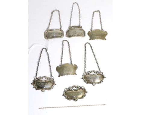 A group of four silver decanter labels and three silver plate examples (7)2ozt