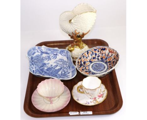 A Royal Worcester nautilus shell together with an Imari bowl, a pearlware dish, a Crown Derby cup and saucer and a Belleek cu