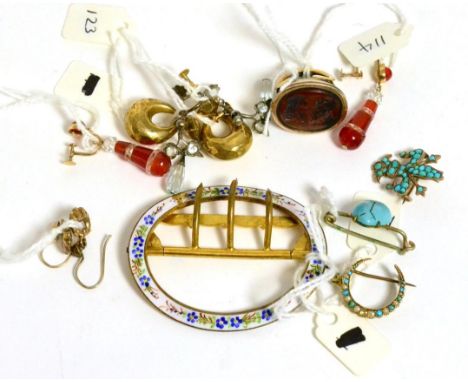 Four pairs of earrings, a ring, three turquoise set brooches, a fob seal and an enamel buckleThree brooches - 7.6g gross. Fob