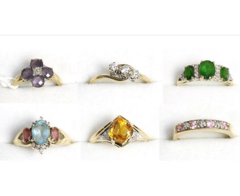 Seven various 9ct gold gem set rings Finger sizes N, Q, N, M, R, N,P, 16.1g gross. 